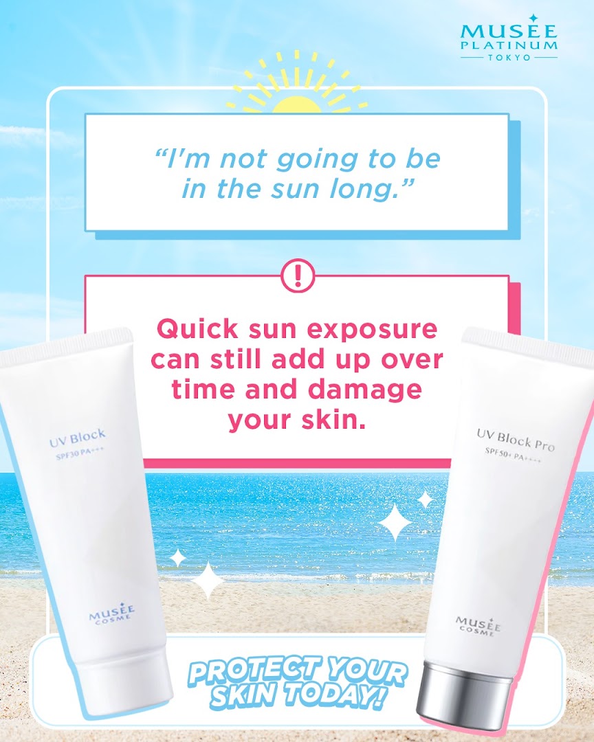An image promoting Musee Cosme UV Block sunscreens with a message about protecting skin from sun damage.