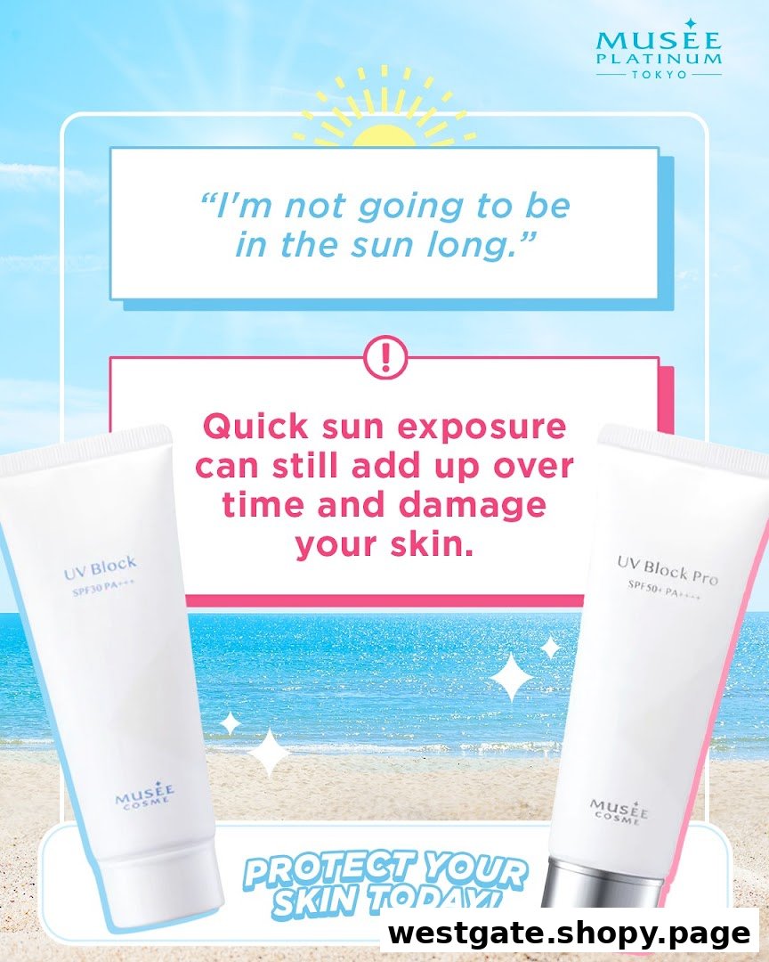 An image promoting Musee Cosme UV Block sunscreens with a message about protecting skin from sun damage.