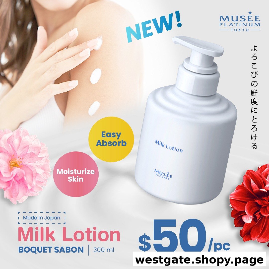 Image features Musee Platinum Tokyo's new Milk Lotion, highlighting its moisturizing and easy-absorb benefits at $50.