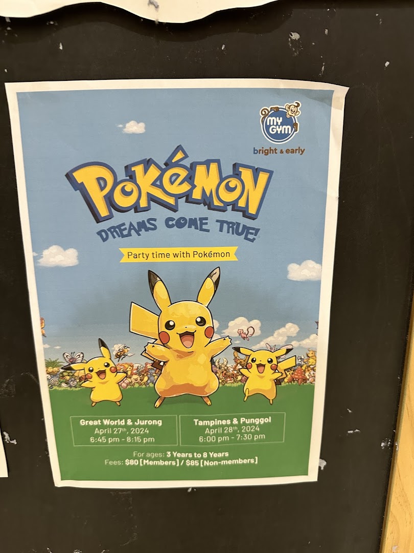 A vibrant poster for My Gym's 'Pokémon Dreams Come True' event, featuring Pikachu and event details.