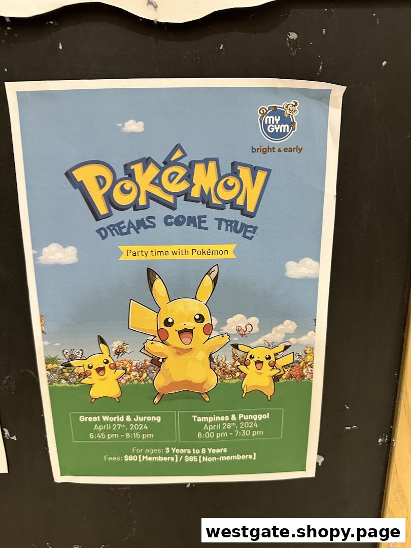 A vibrant poster for My Gym's 'Pokémon Dreams Come True' event, featuring Pikachu and event details.
