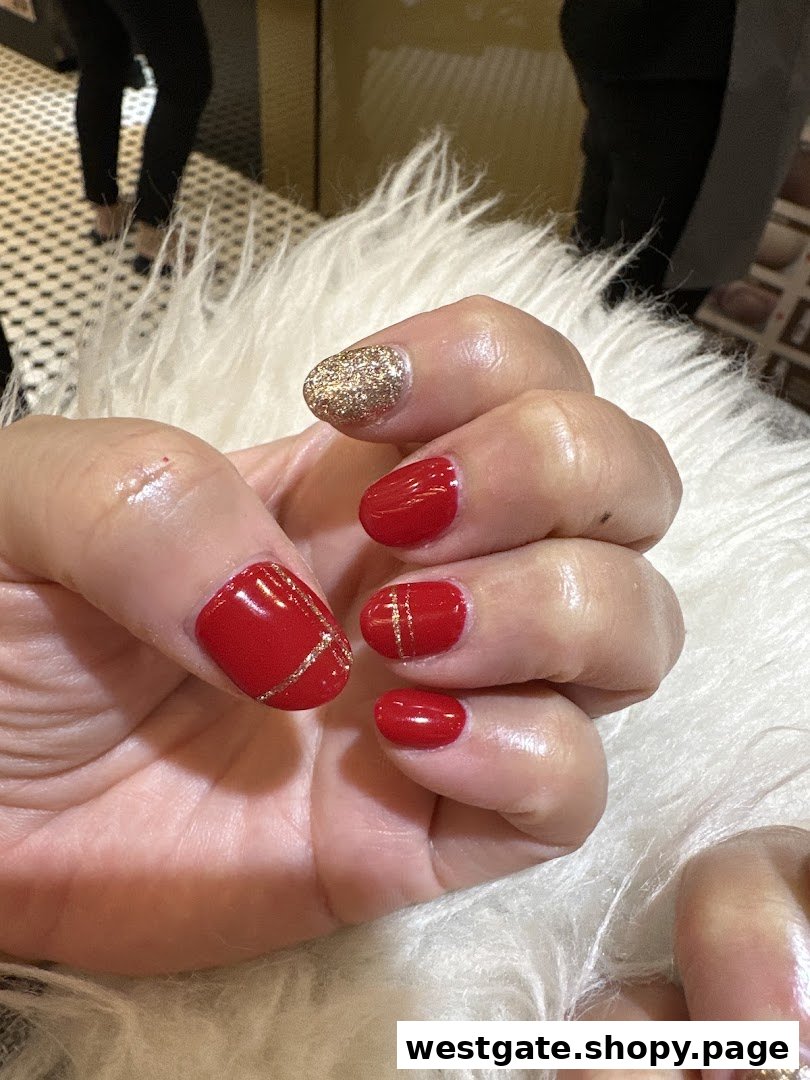 A hand displays freshly manicured nails with vibrant red polish, gold glitter, and delicate gold line art.