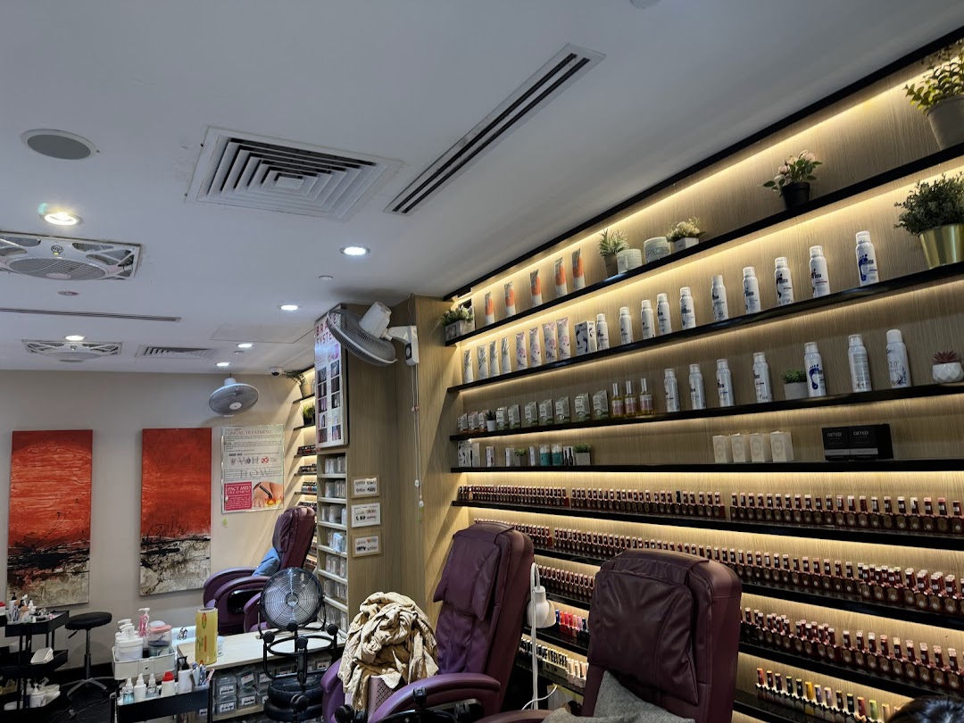 Interior view of N20 Nail Spa, featuring comfortable pedicure chairs, extensive nail polish displays, and product shelves.