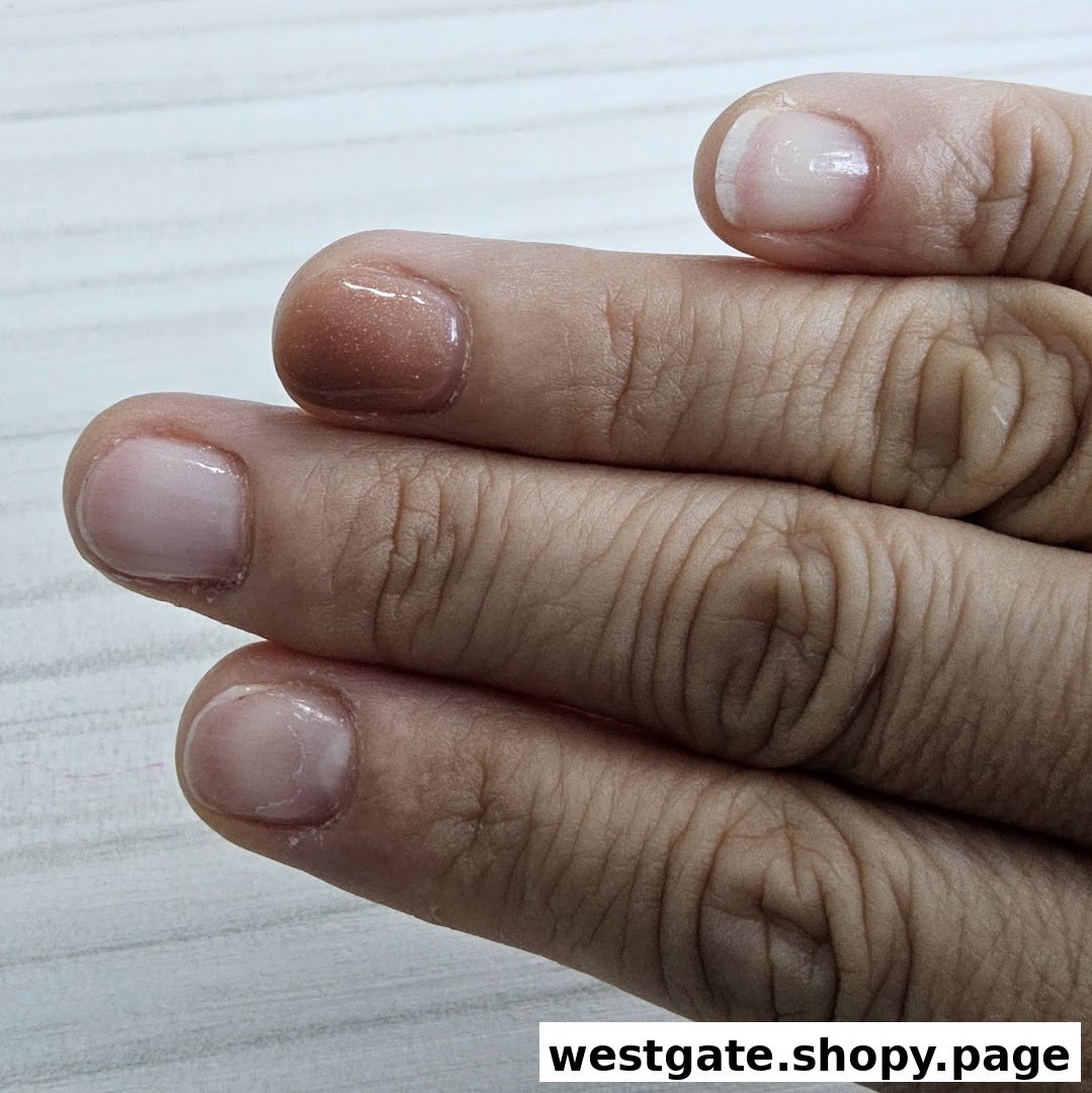 Close-up of a hand showcasing a glittery brown nail polish on one finger and natural nails on others.