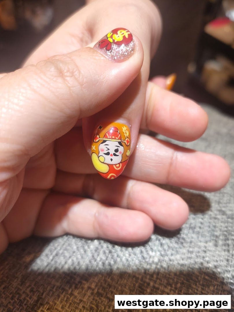 Close-up of a hand showcasing intricate and colorful nail art with a cartoon character design.