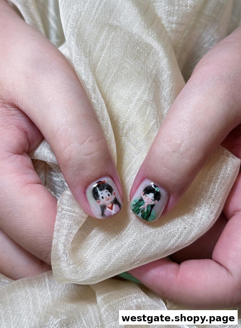 Close-up of hands showcasing intricate character nail art designs on two fingernails.
