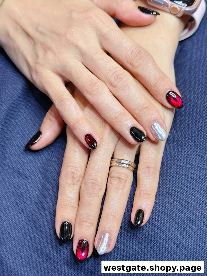 Close-up of hands showcasing a stylish manicure with black, silver, and red cat-eye nails.