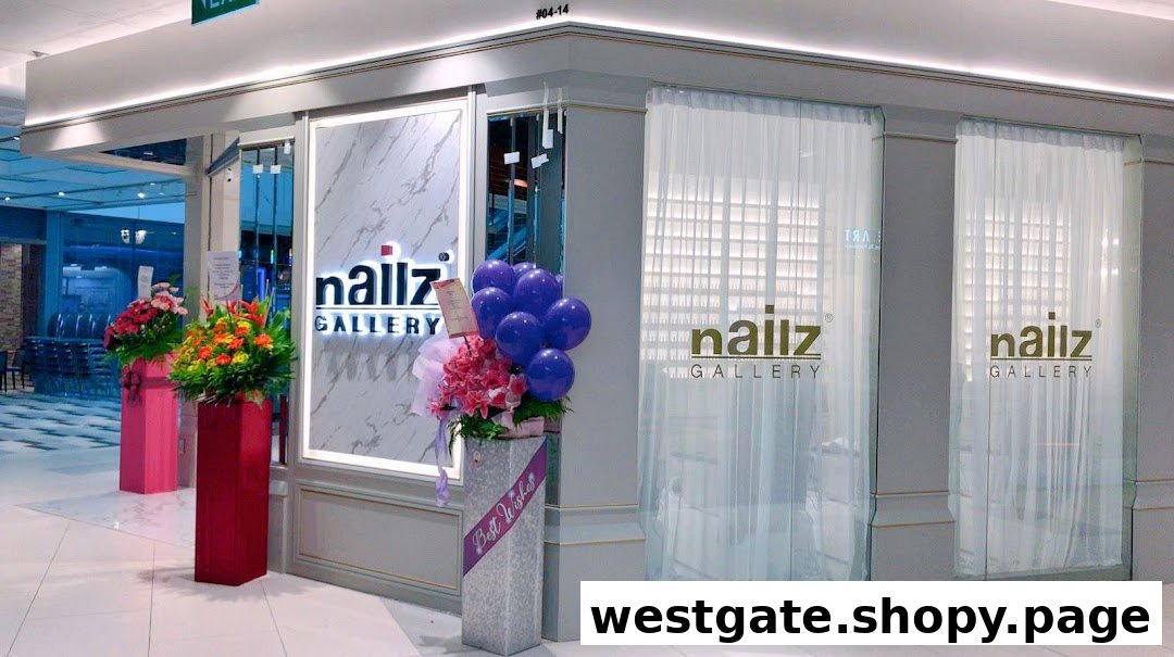 The shop front of Nailz Gallery, adorned with flowers and balloons, indicating a grand opening or special event.