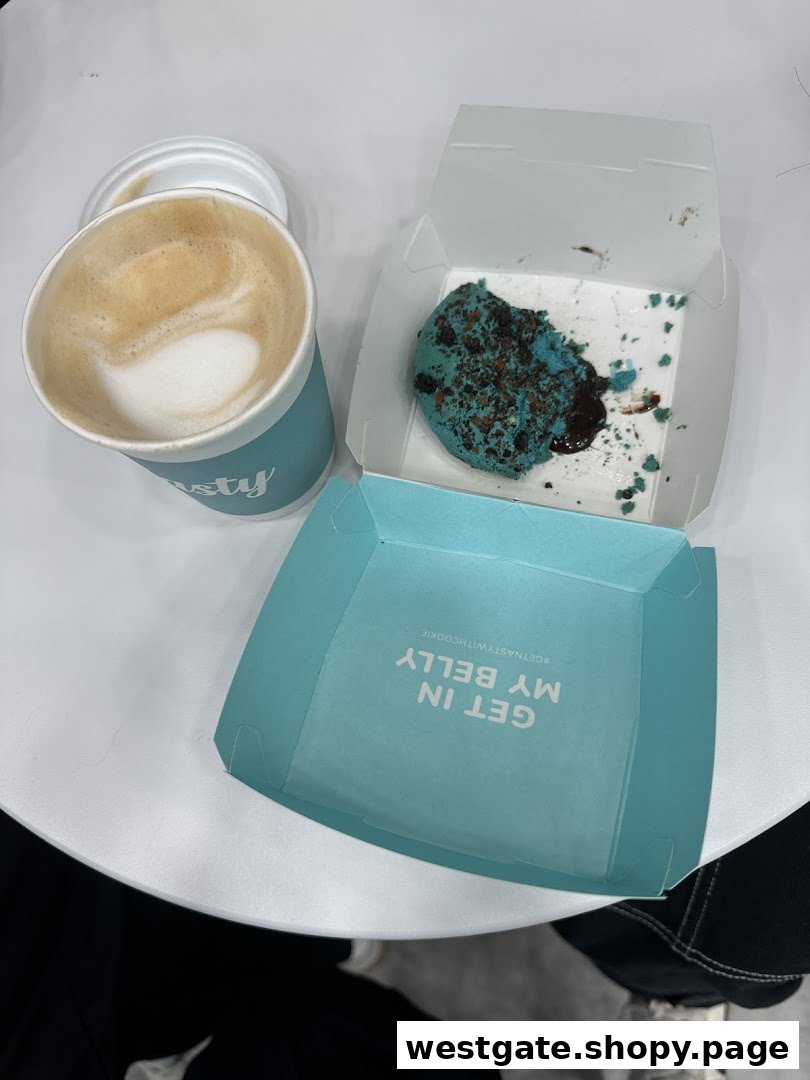 A partially eaten blue cookie in a box with a coffee cup on a white table.