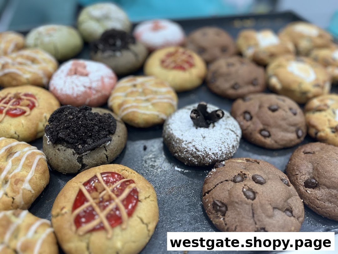 A close-up view of a tray filled with a variety of gourmet cookies, showcasing different flavors and toppings.