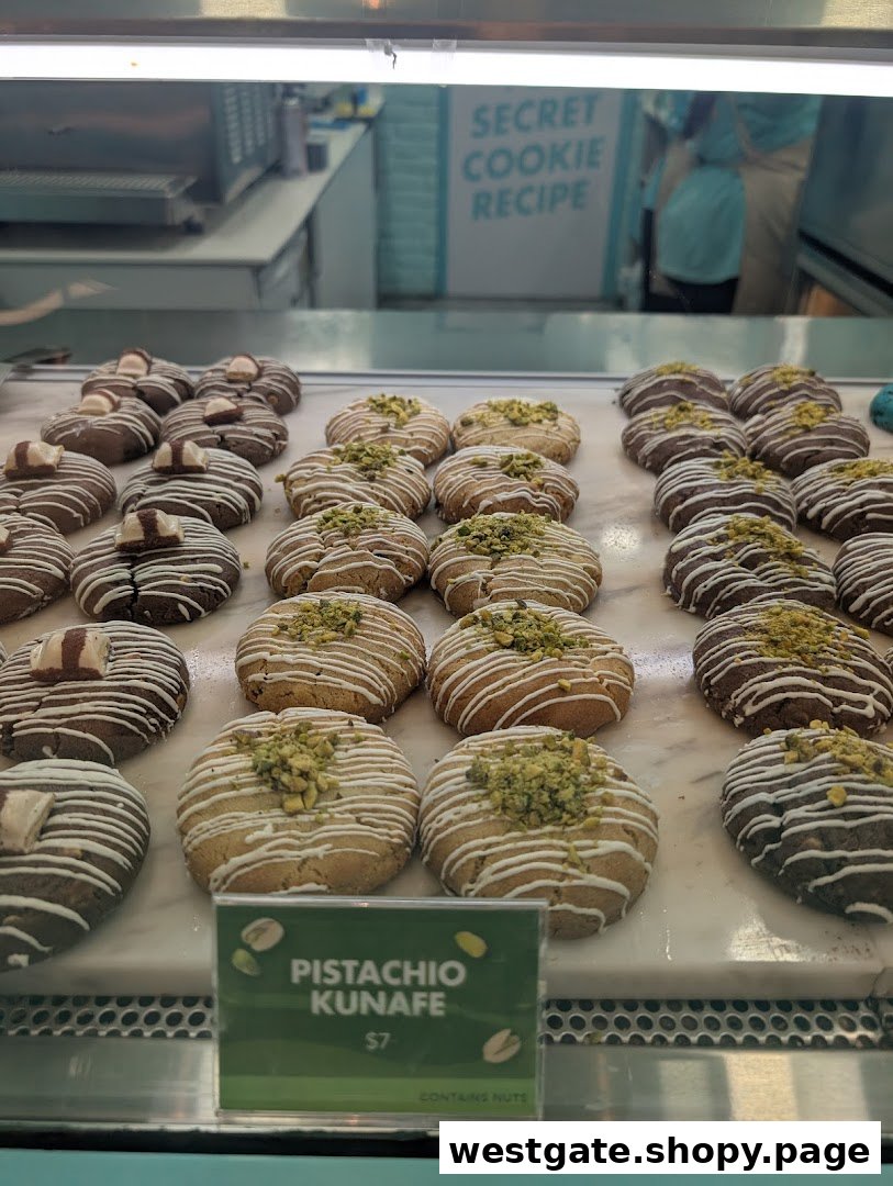 A display case filled with various gourmet cookies, including Pistachio Kunafe, at Nasty Cookie.