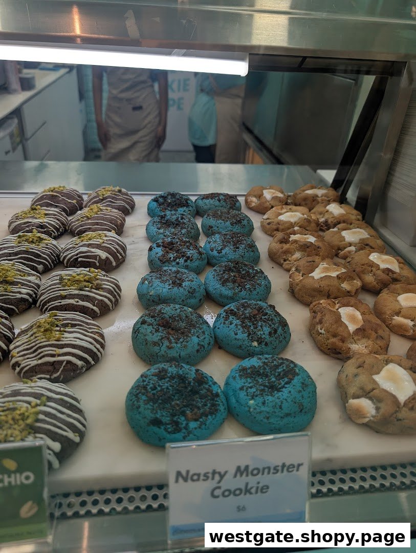 A vibrant display of gourmet cookies, including blue 'Nasty Monster Cookies' and chocolate pistachio varieties, in a bakery showcase.