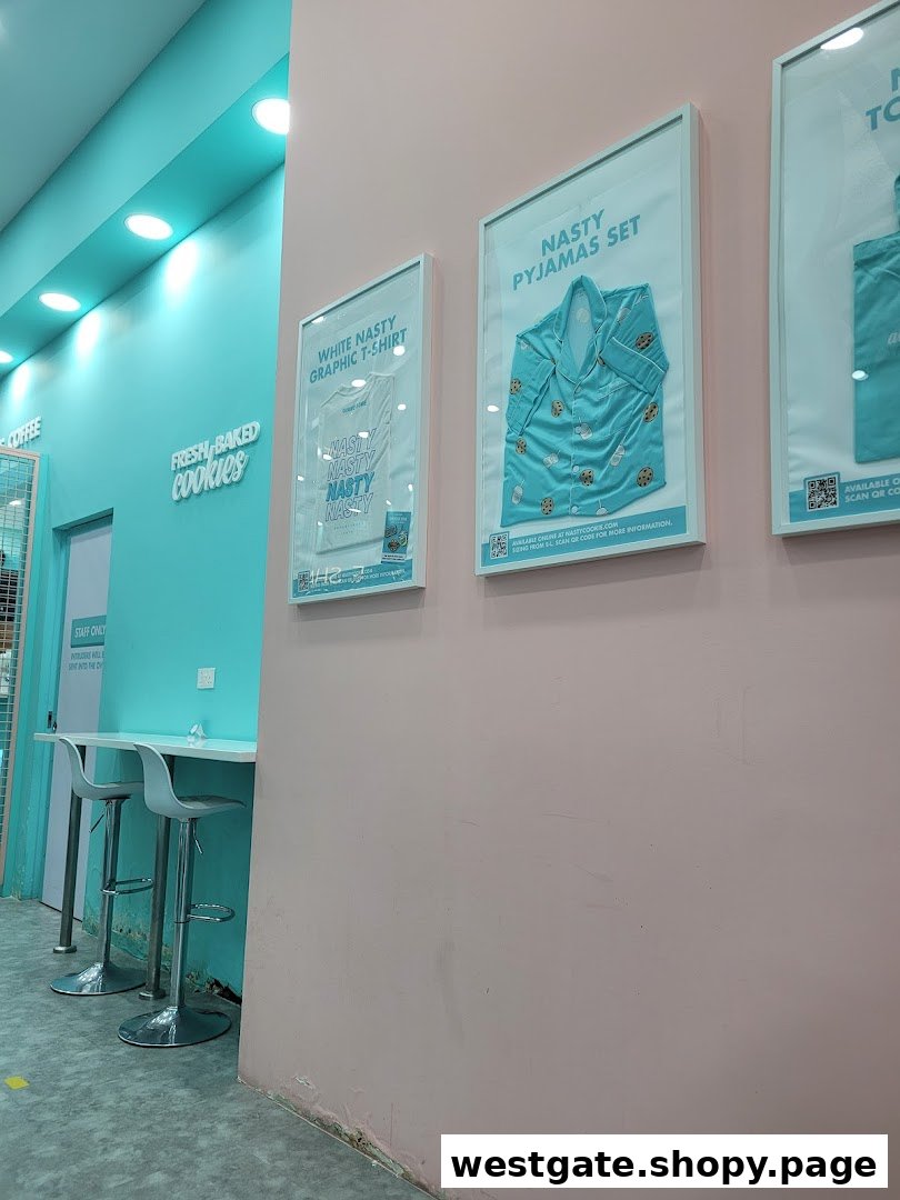 Interior view of Nasty Cookie, featuring a counter, seating, and branded merchandise displays.