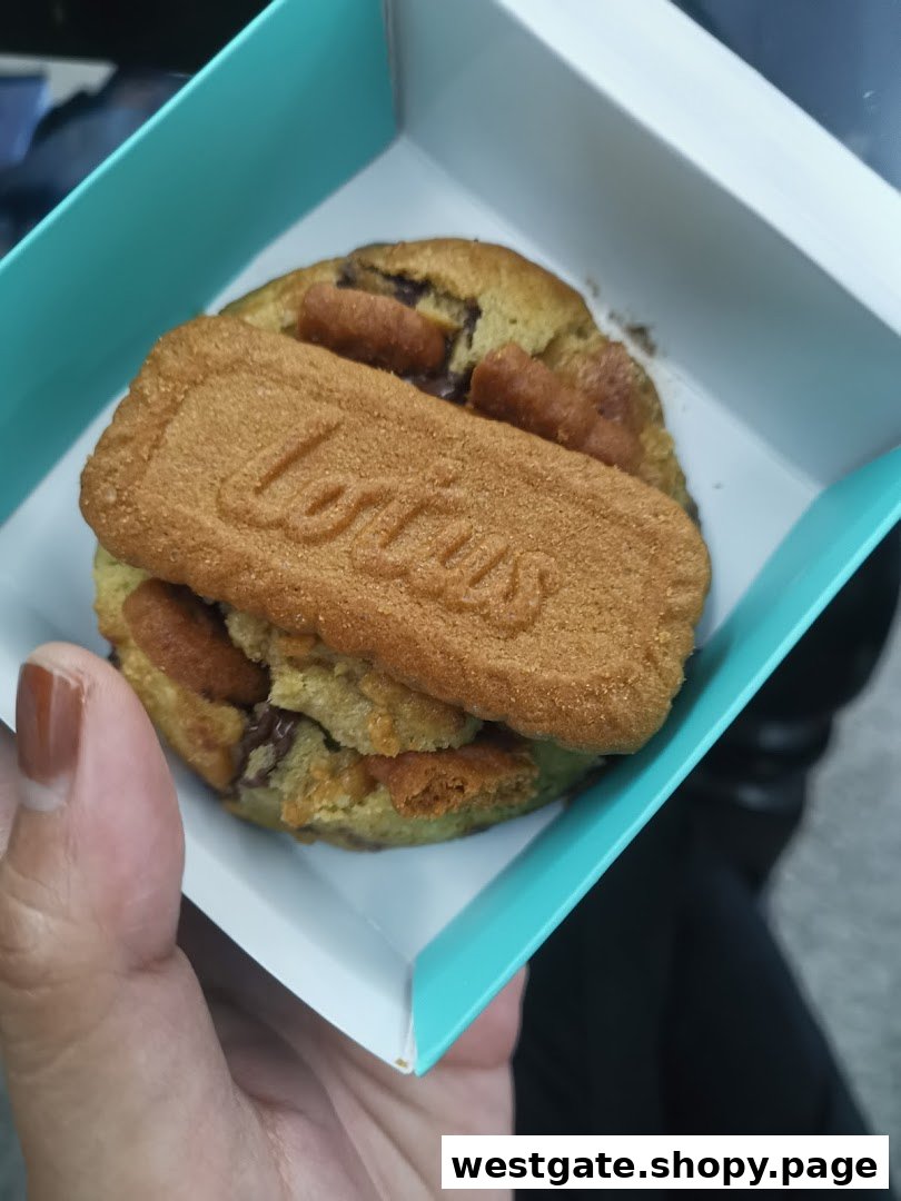 A hand holds a Nasty Cookie in a light blue box, featuring a Lotus Biscoff cookie on top.