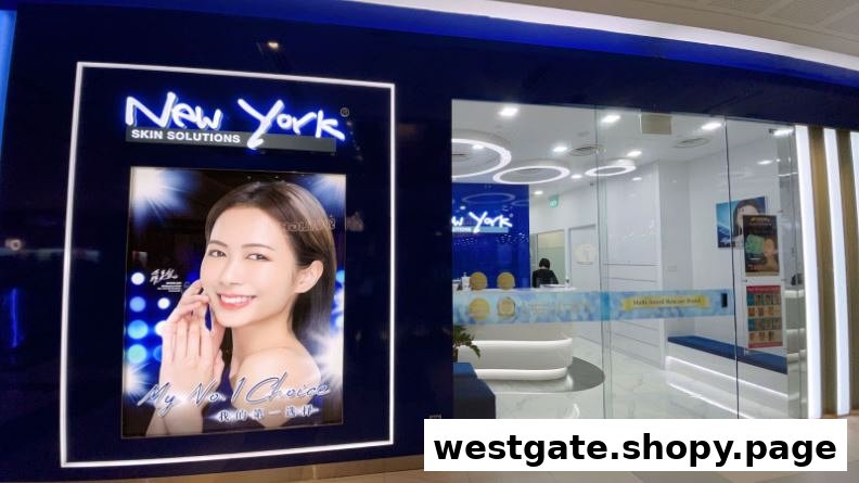The brightly lit entrance of New York Skin Solutions, featuring a large promotional display.