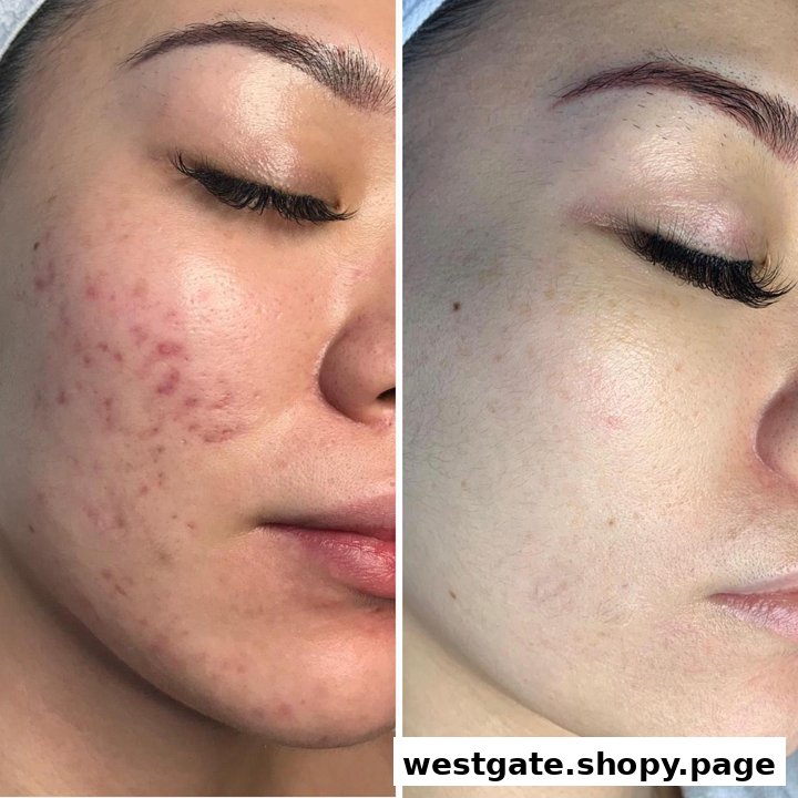 Close-up of a person's face showing before and after results of a skin treatment.