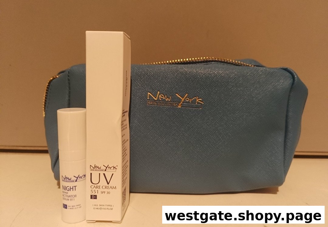 New York Skin Solutions skincare products, including UV cream, night serum, and a branded cosmetic bag.