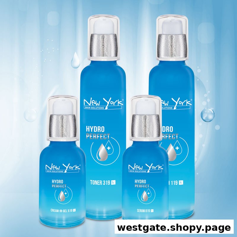 Four blue bottles of New York Skin Solutions 'Hydro Perfect' skincare products.