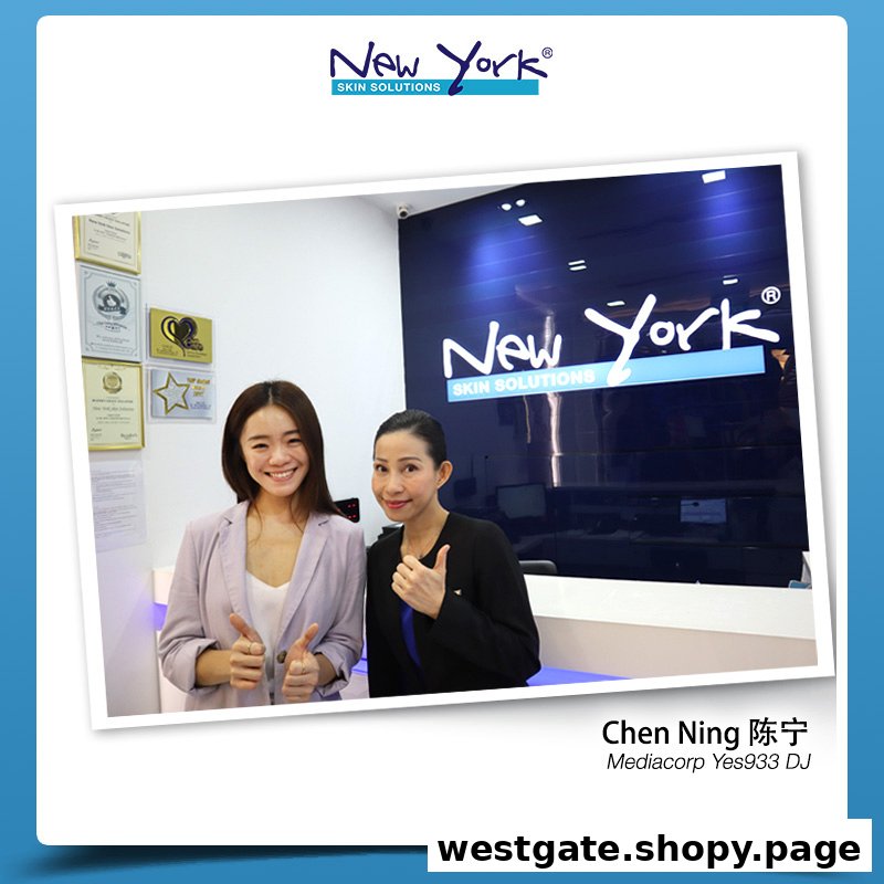 Two smiling women giving thumbs up inside New York Skin Solutions, with awards visible.