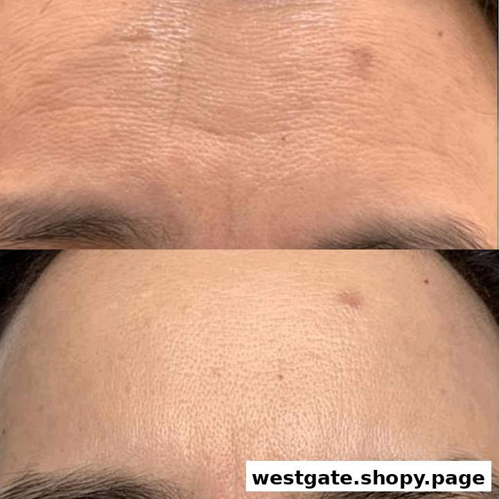 Before and after comparison of a forehead showing significant wrinkle reduction and improved skin texture.
