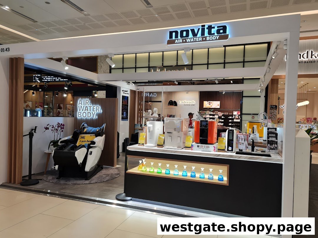 Novita shop showcasing air purifiers, water dispensers, and a massage chair for home wellness solutions.