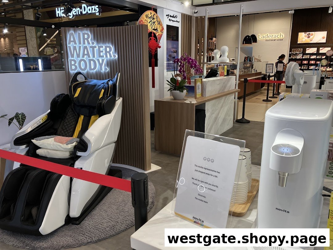 An interior view of novita Westgate, showcasing a massage chair and a water dispenser with a 'AIR. WATER. BODY.' display.