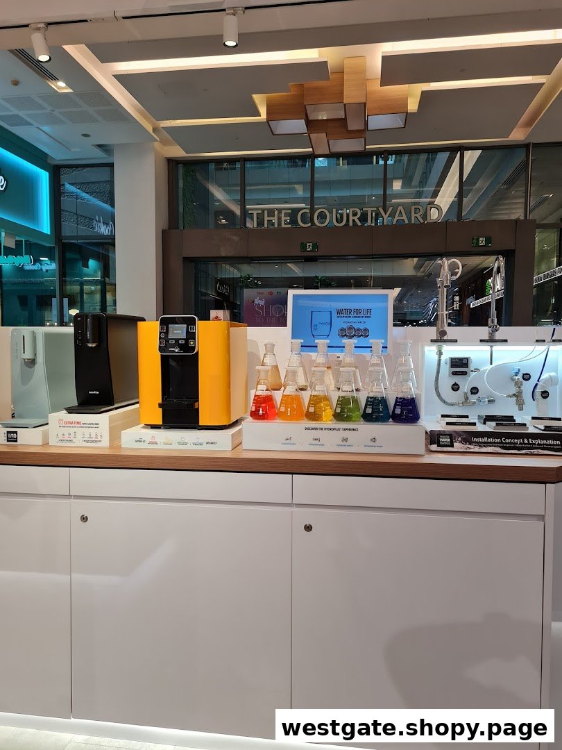 A retail display showcasing various water purifiers and related products, including colorful liquid samples.