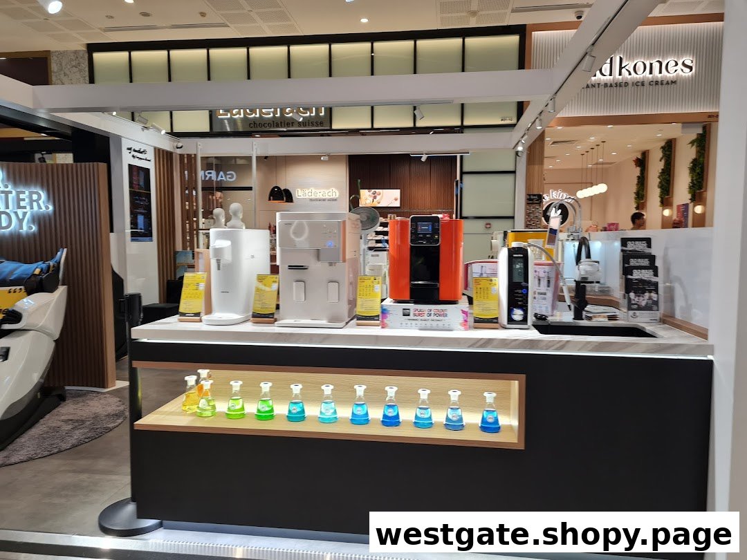 An interior view of Novita Westgate, showcasing various water dispensers, air purifiers, and a massage chair.