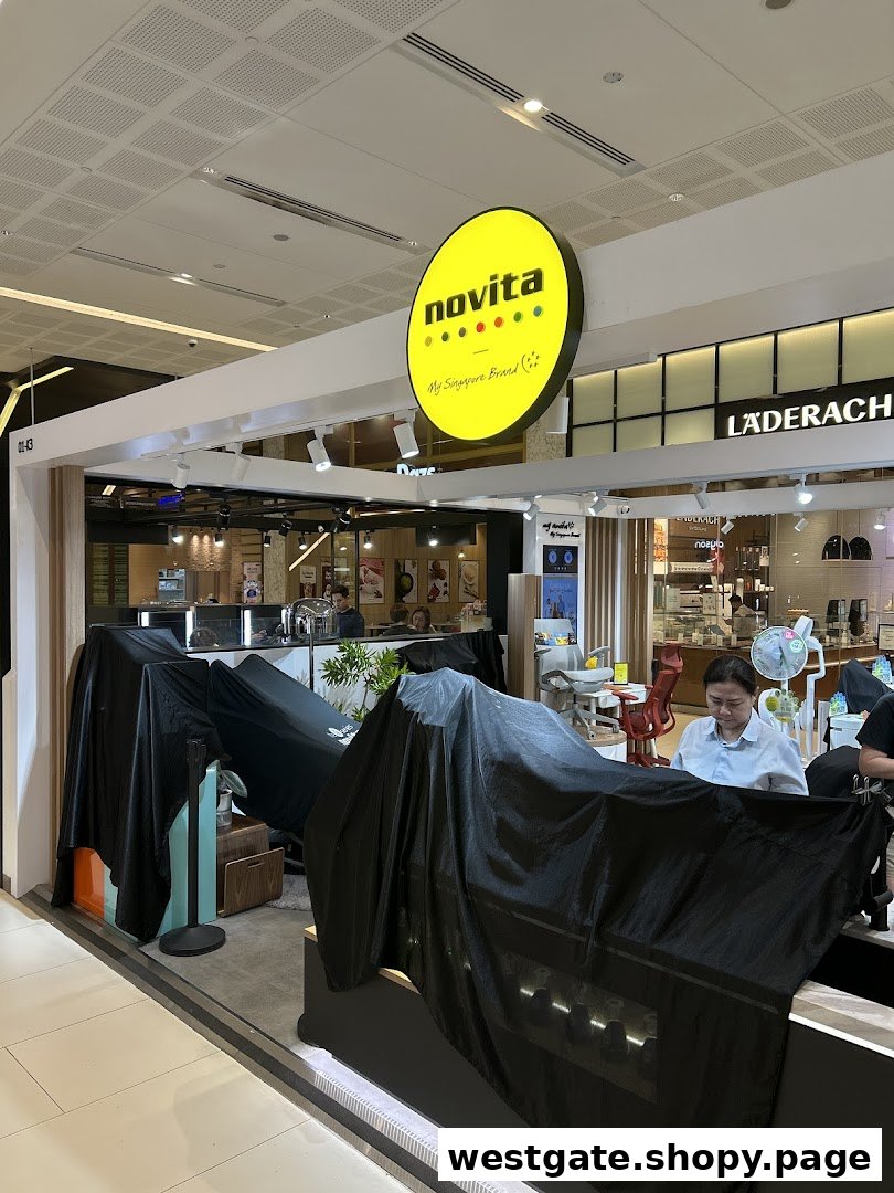 The Novita shop entrance at Westgate, featuring its distinctive yellow circular logo and covered displays.
