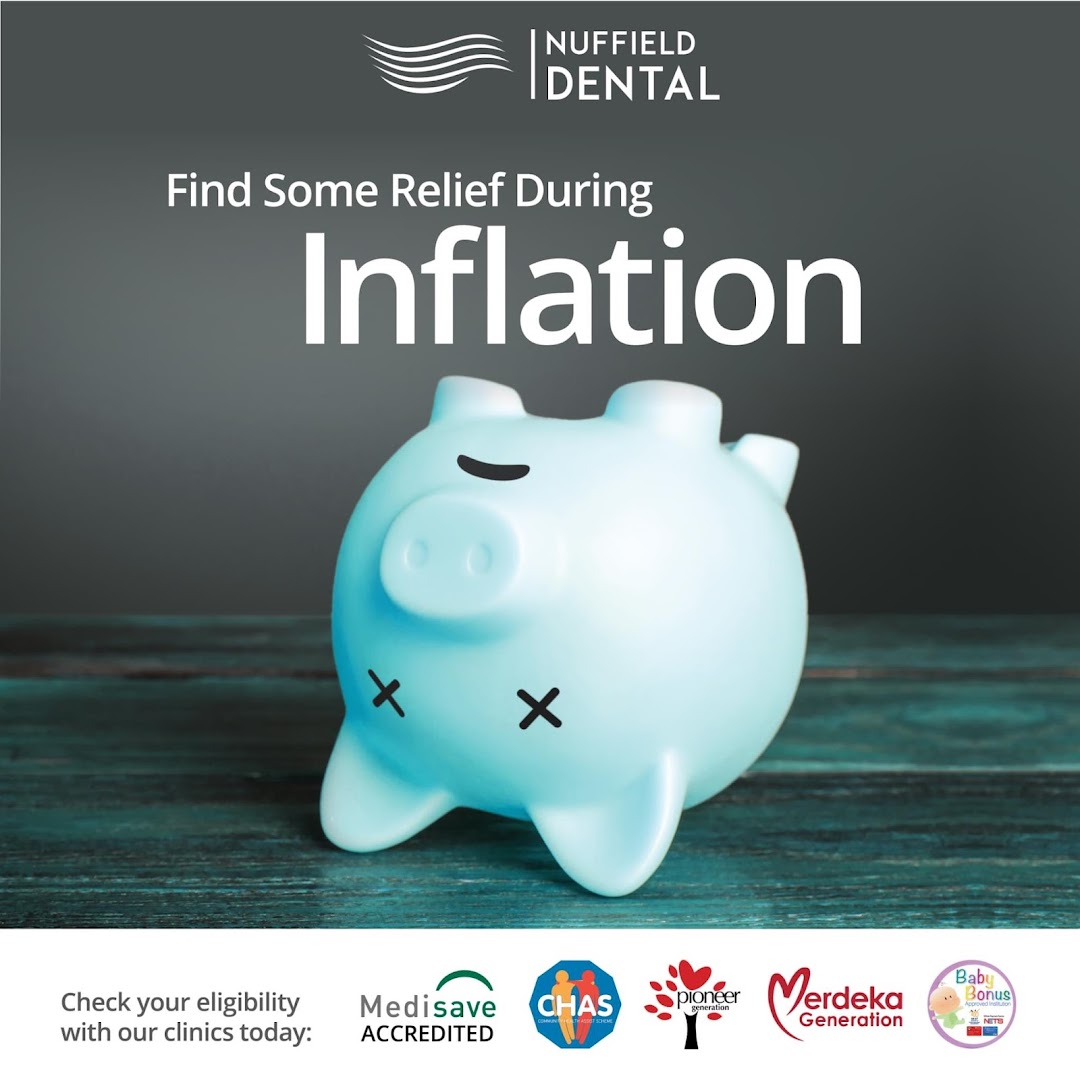A promotional image for Nuffield Dental featuring a piggy bank and text about finding relief during inflation.