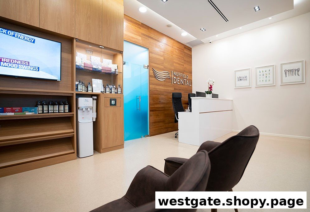 A modern and inviting dental clinic waiting area with a reception desk, comfortable seating, and branded wall.