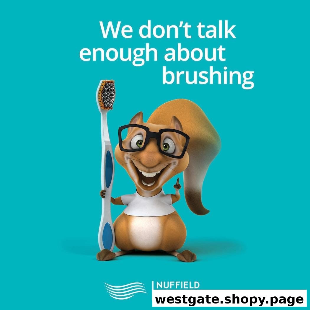 A cartoon squirrel with glasses holds a toothbrush on a teal background, promoting dental care.