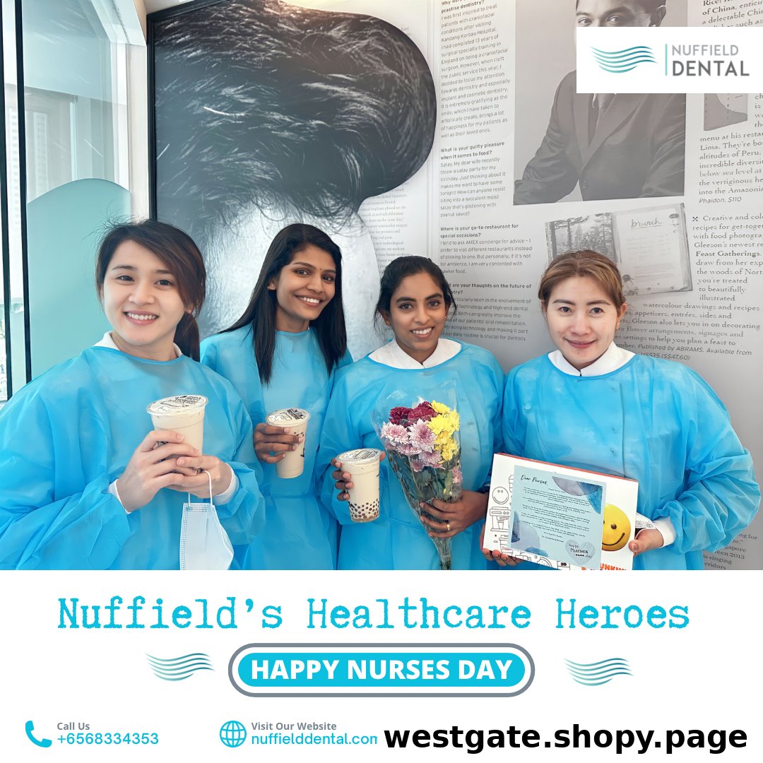 Four Nuffield Dental staff members in scrubs, holding drinks and gifts, celebrating Nurses Day.