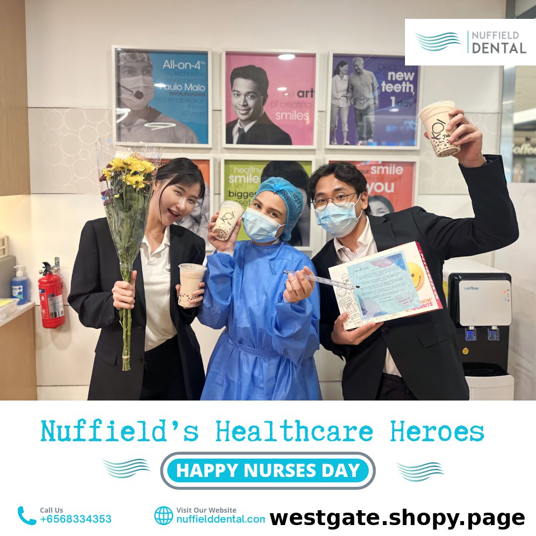 Three Nuffield Dental staff members celebrating Nurses Day with flowers, drinks, and gifts.