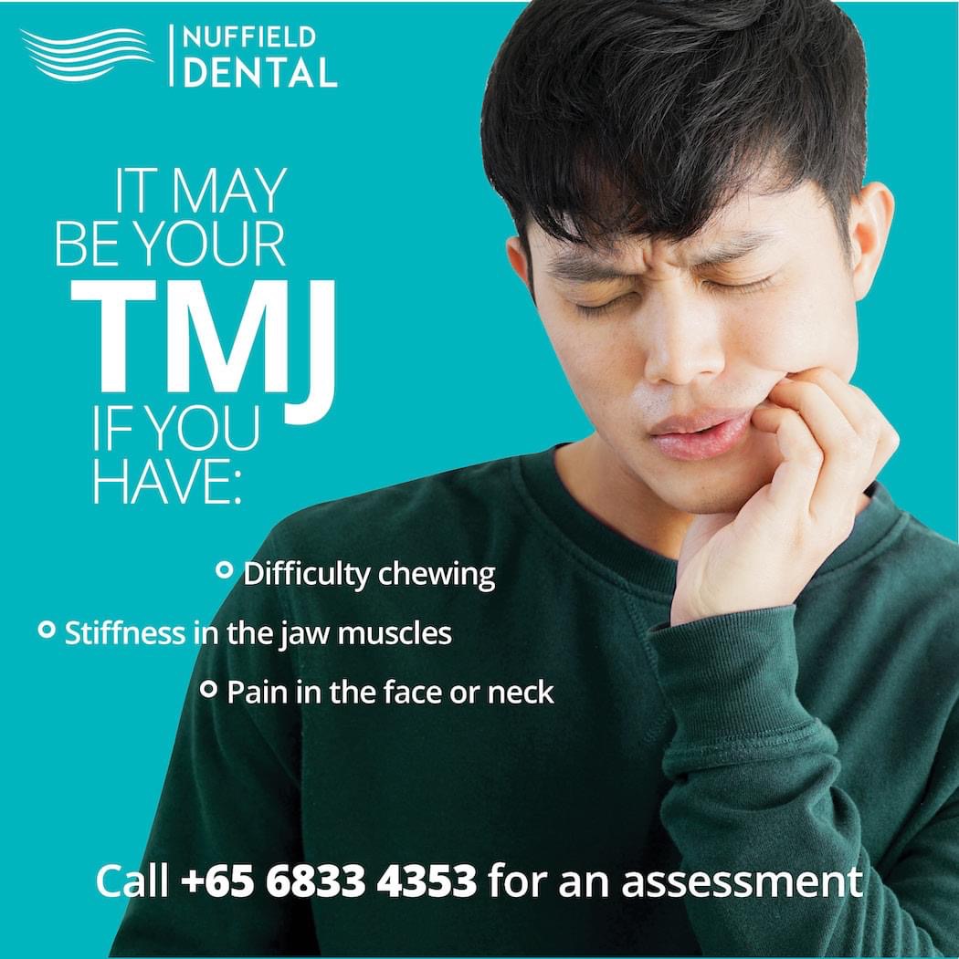 An advertisement from Nuffield Dental about TMJ symptoms featuring a man with jaw pain.
