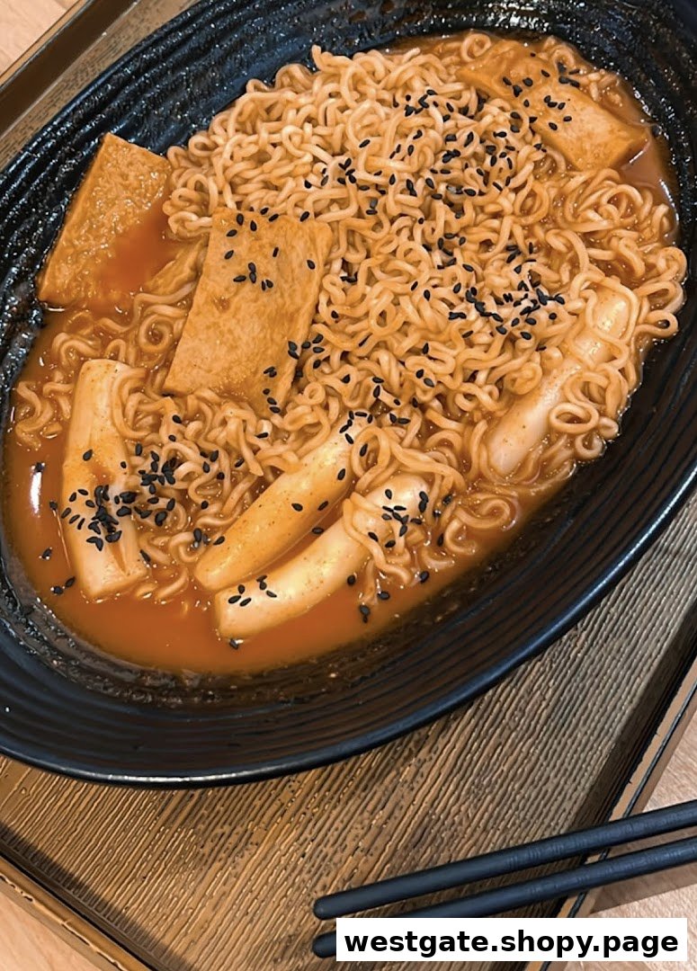A close-up of a delicious bowl of Korean ramyeon with tteokbokki and fish cakes, topped with black sesame seeds.