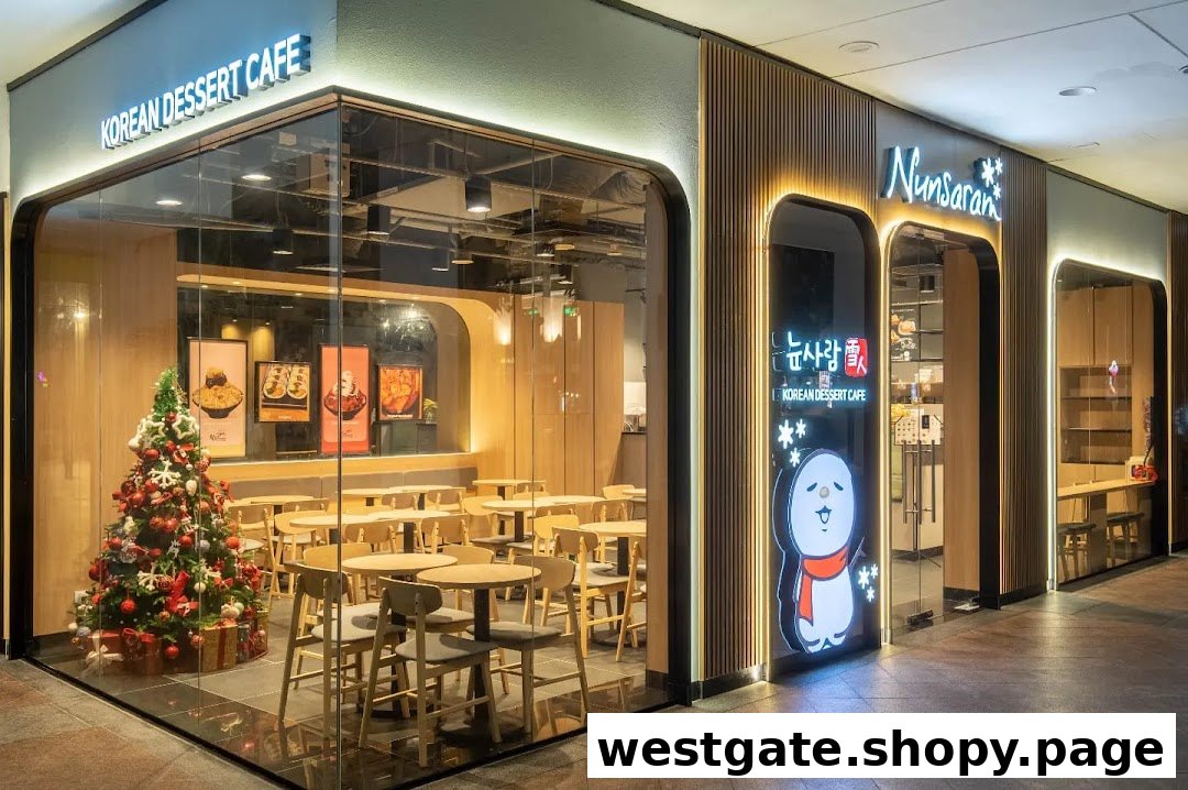 The exterior of Nunsaram Korean Dessert Cafe, featuring a festive Christmas tree and visible interior seating.