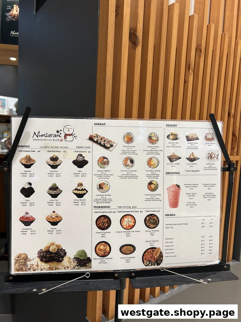 A detailed menu board for Nunsaram Korean Dessert Cafe, showcasing various Korean desserts and dishes.