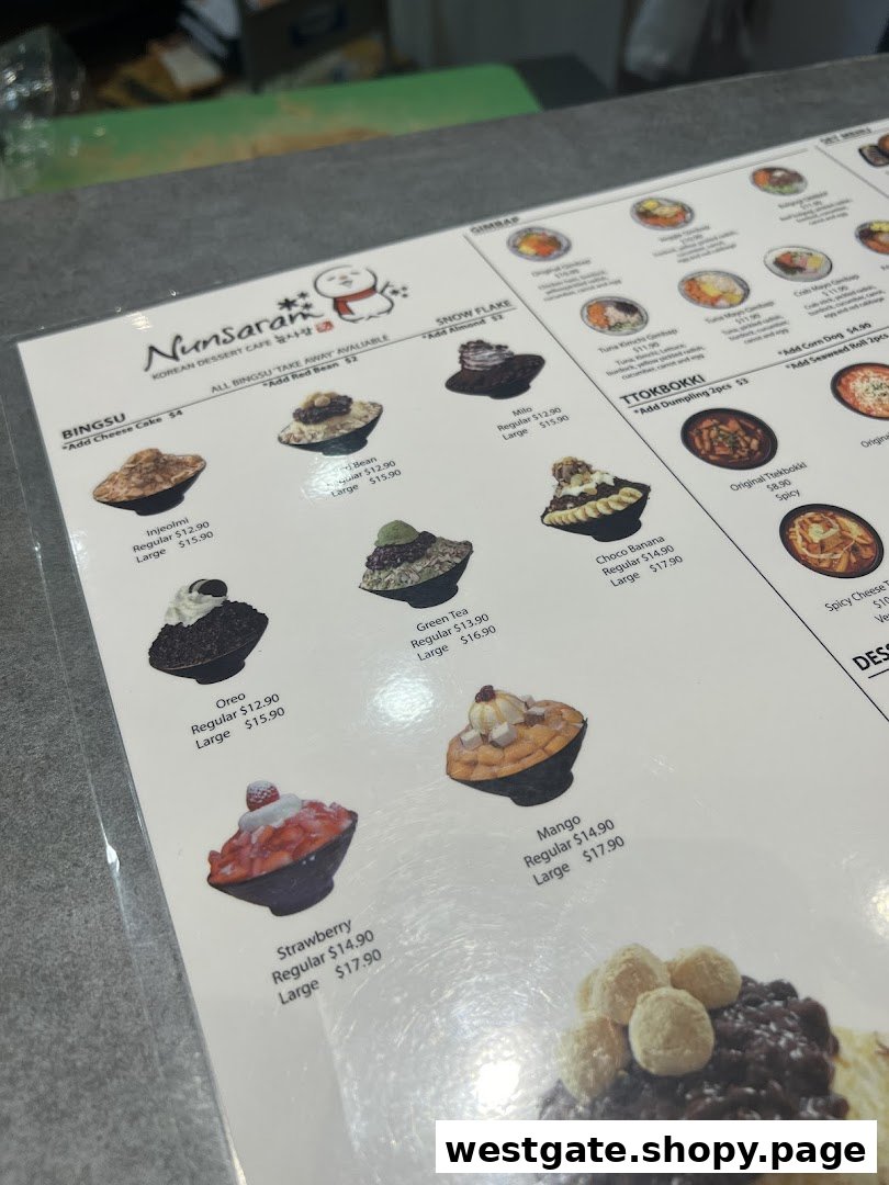 A close-up view of the Nunsaram Korean Dessert Cafe menu, featuring Bingsu, Gimbap, and Tteokbokki.