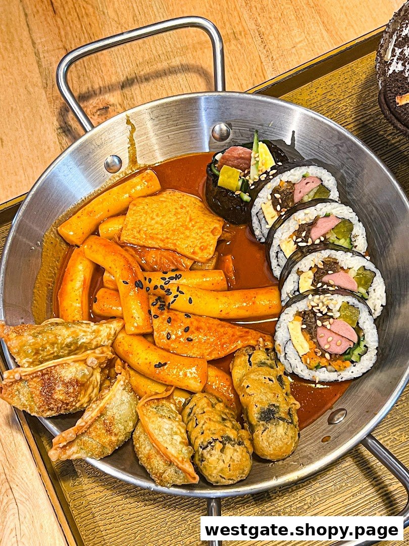 A metal pan filled with a variety of Korean dishes including tteokbokki, gimbap, and fried dumplings.