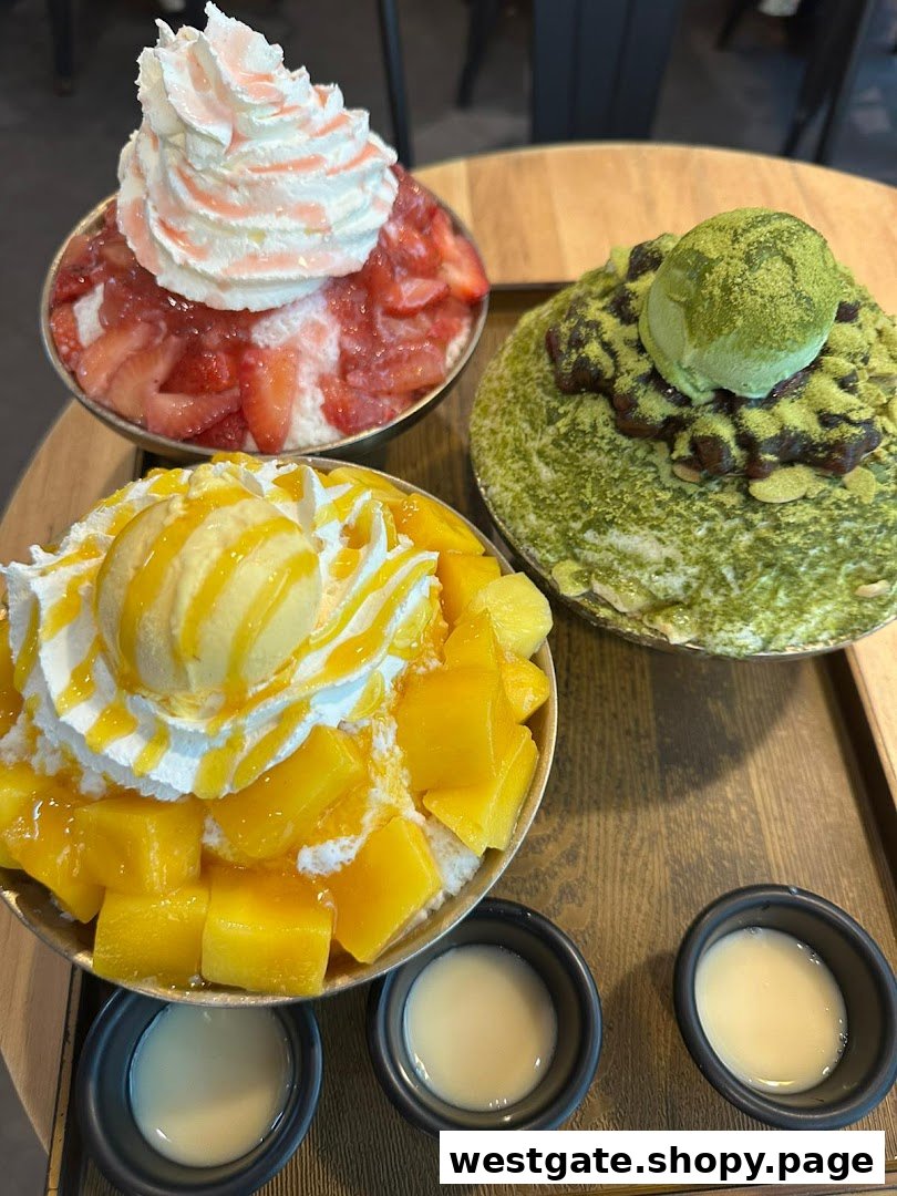 Three vibrant Korean shaved ice desserts (Bingsu) with fruit, cream, and matcha toppings on a wooden tray.