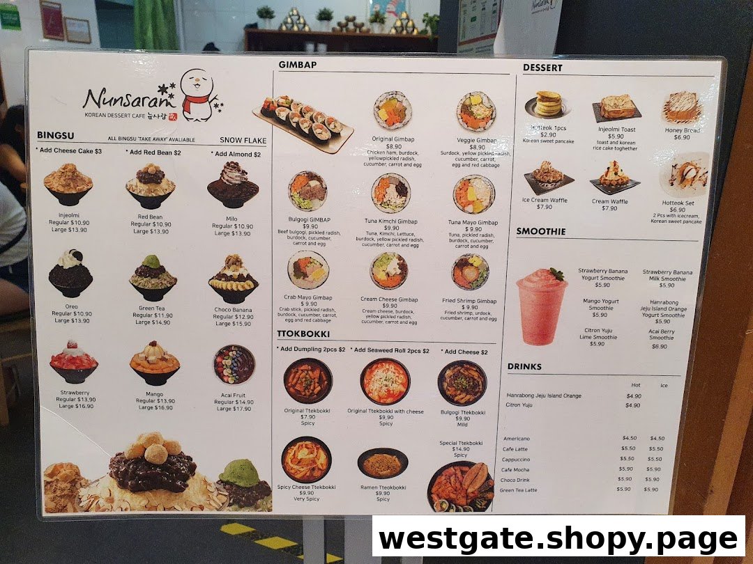 A detailed menu board for Nunsaram Korean Dessert Cafe, showcasing various Korean desserts, gimbap, tteokbokki, smoothies, and drinks.