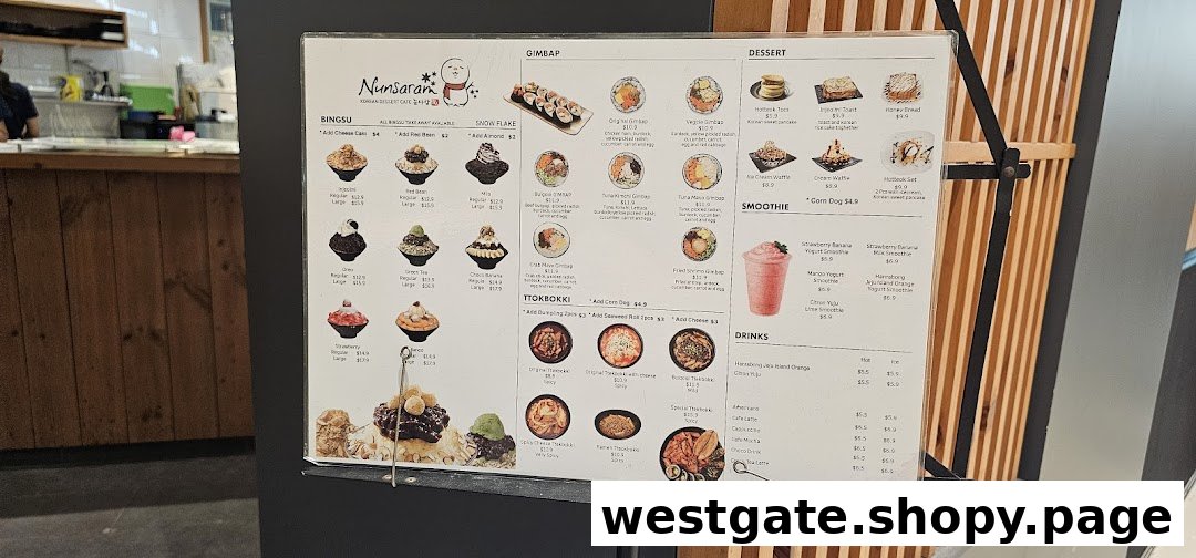 A detailed menu board for Nunsaram Korean Dessert Cafe, showcasing various Korean desserts and dishes.
