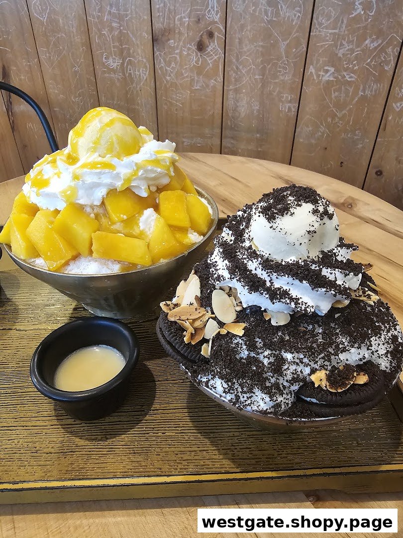 Two delicious Korean shaved ice desserts, mango and chocolate, served on a wooden tray.