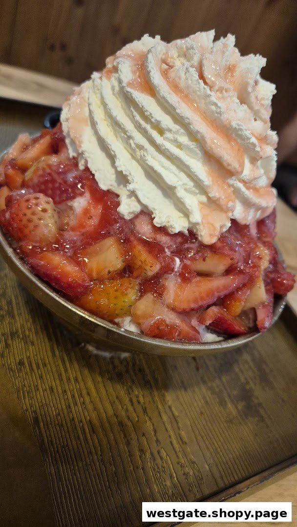 A close-up of a large bowl of strawberry bingsu topped with whipped cream and strawberry syrup.