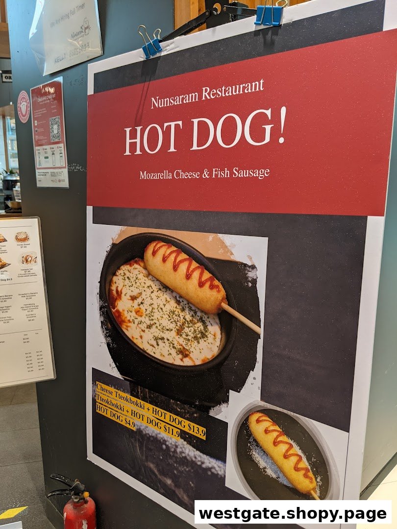 A promotional poster for Nunsaram Restaurant's hot dogs and tteokbokki combos.
