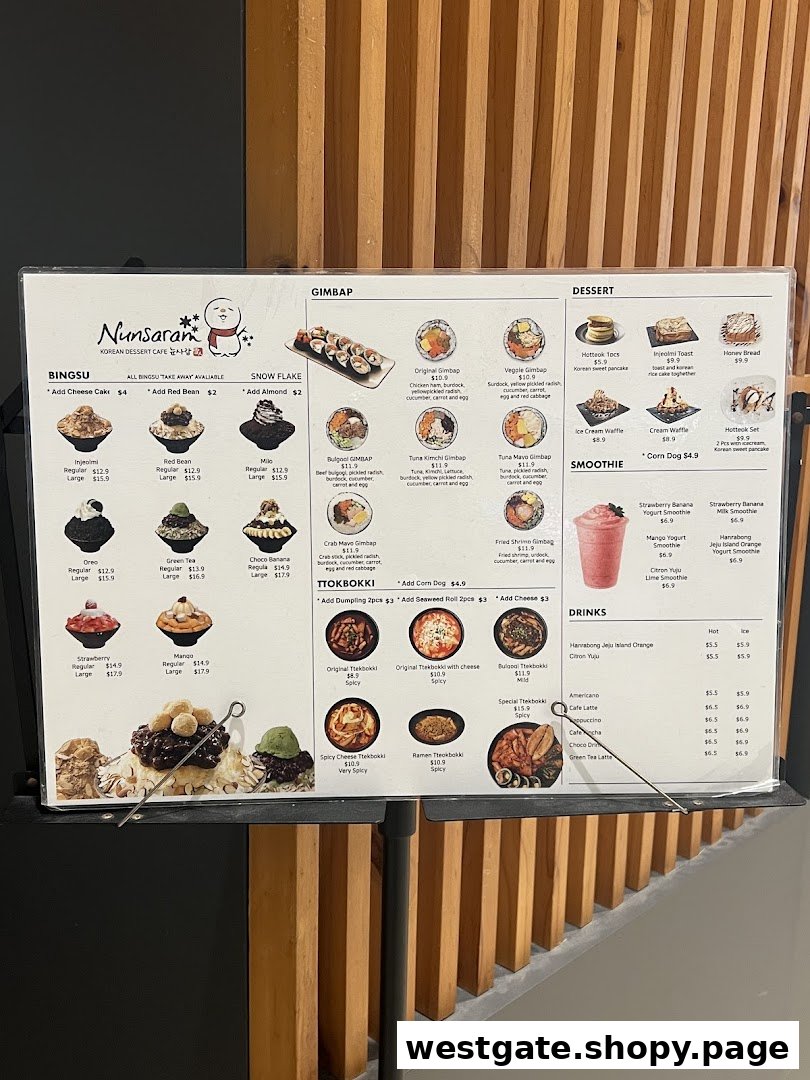 A detailed menu board showcasing Korean desserts, gimbap, tteokbokki, and drinks.