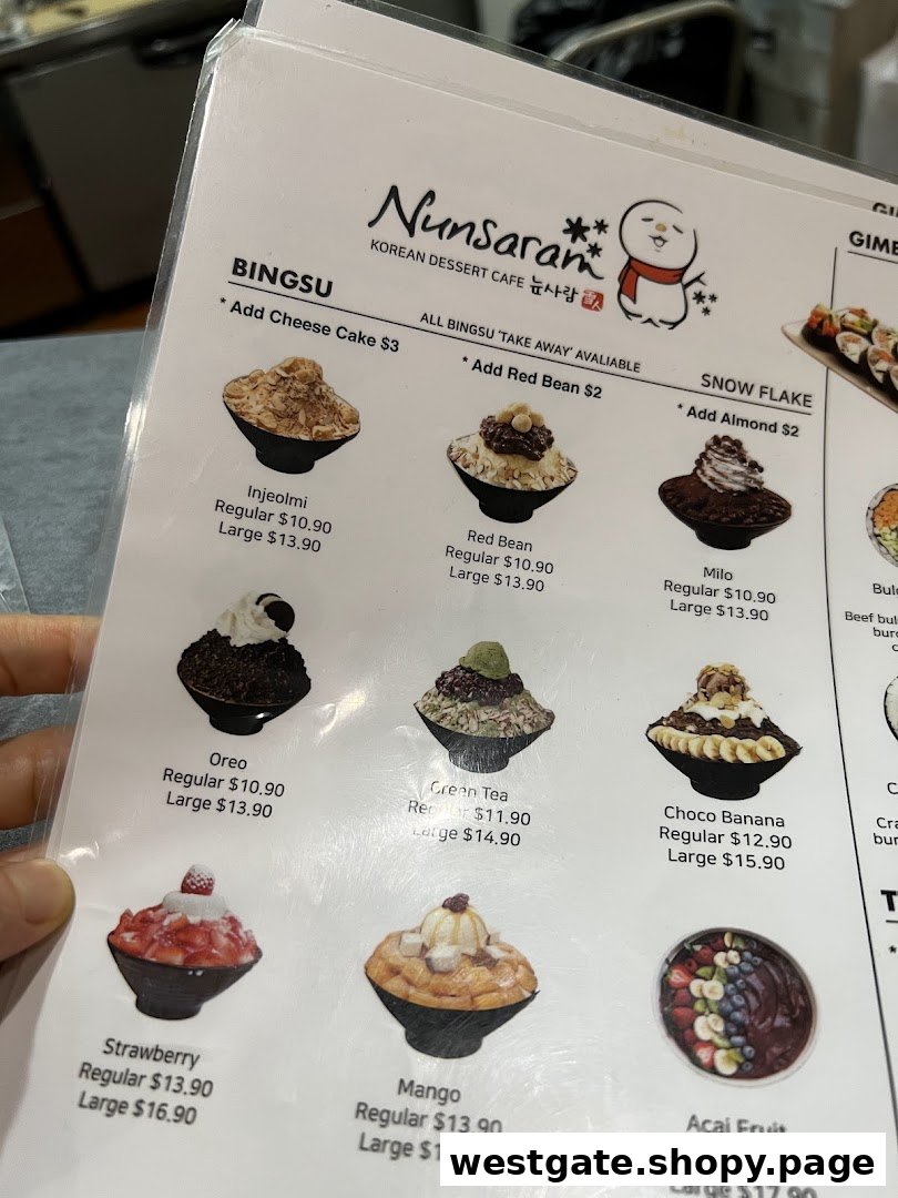 A detailed menu from Nunsaram Korean Dessert Cafe, showcasing various Bingsu and Snow Flake desserts with prices.