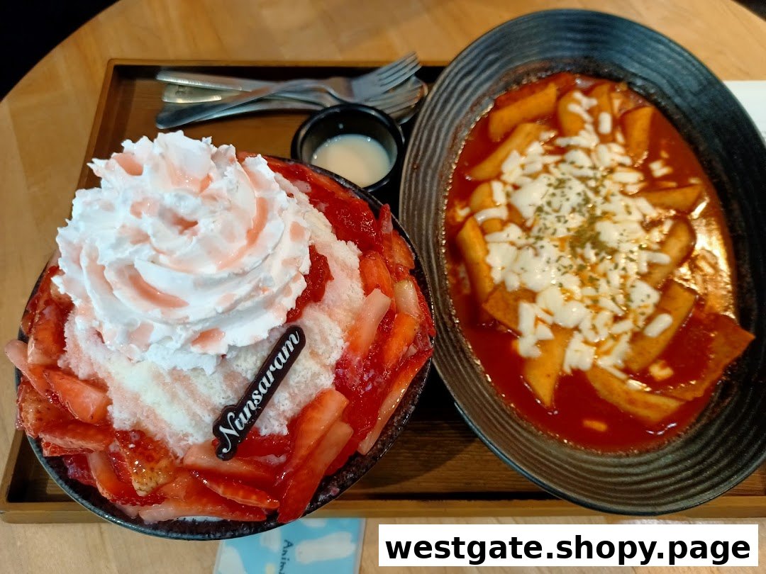A vibrant strawberry bingsu with whipped cream and a cheesy tteokbokki served on a wooden tray.