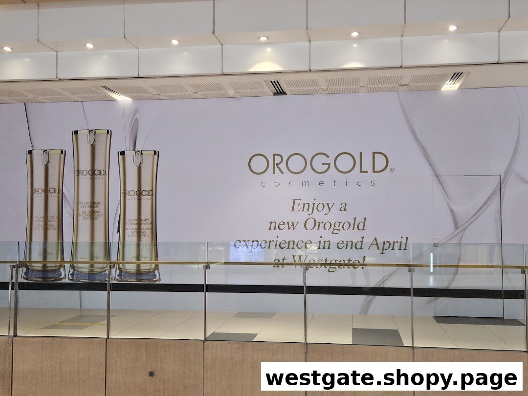 A large OROGOLD Cosmetics banner featuring product bottles and an announcement for a new experience.
